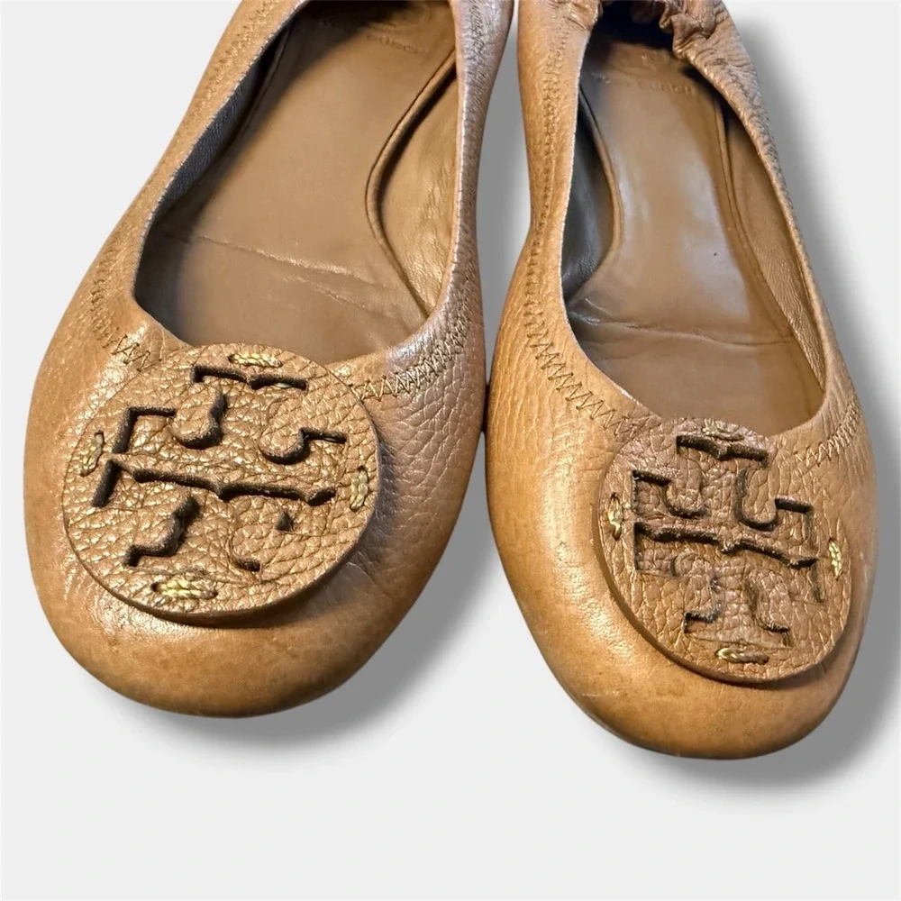 Tory Burch Minnie Ballet Flats Women 9.5M Tan Good Leather‎ Logo Travel Flat